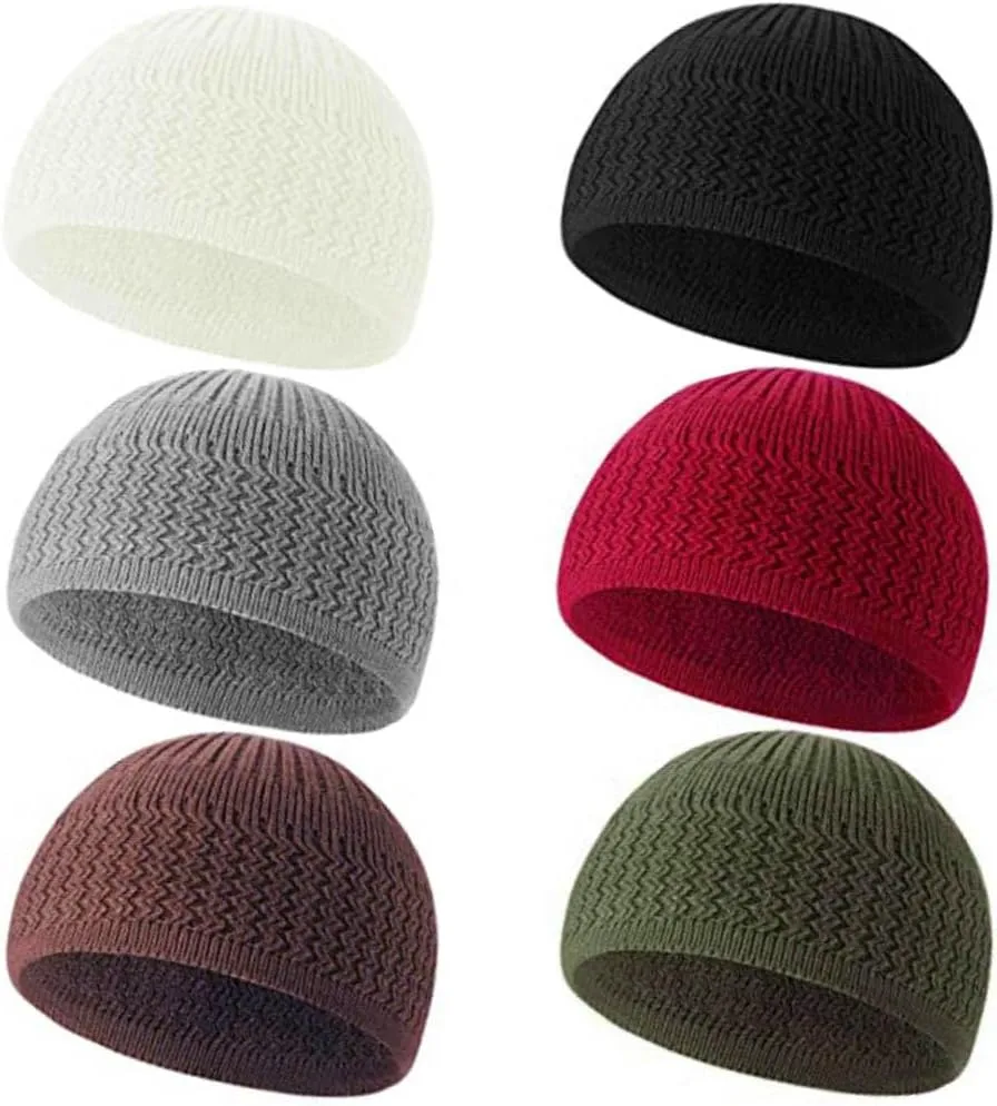 6 Pcs Knit Kufi Hats for Men Women Muslim Stretchy Skull Caps Cotton Helmet Liner Breathable Crochet Beanie Hat