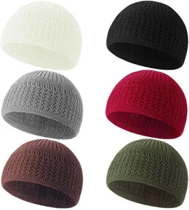 6 Pcs Knit Kufi Hats for Men Women Muslim Stretchy Skull Caps Cotton Helmet Liner Breathable Crochet Beanie Hat