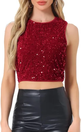 Allegra K Sequin Tops for Women's Sparkle Glitter Sleeveless Club Party Nightout Crop Tank Top