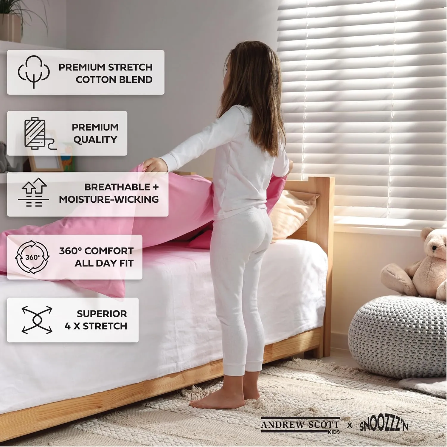 Andrew Scott Kids Base Layer Underwear Sets | Ultra-Soft Cotton Stretch | Girls - Boys | 3 Tops   3 Bottoms