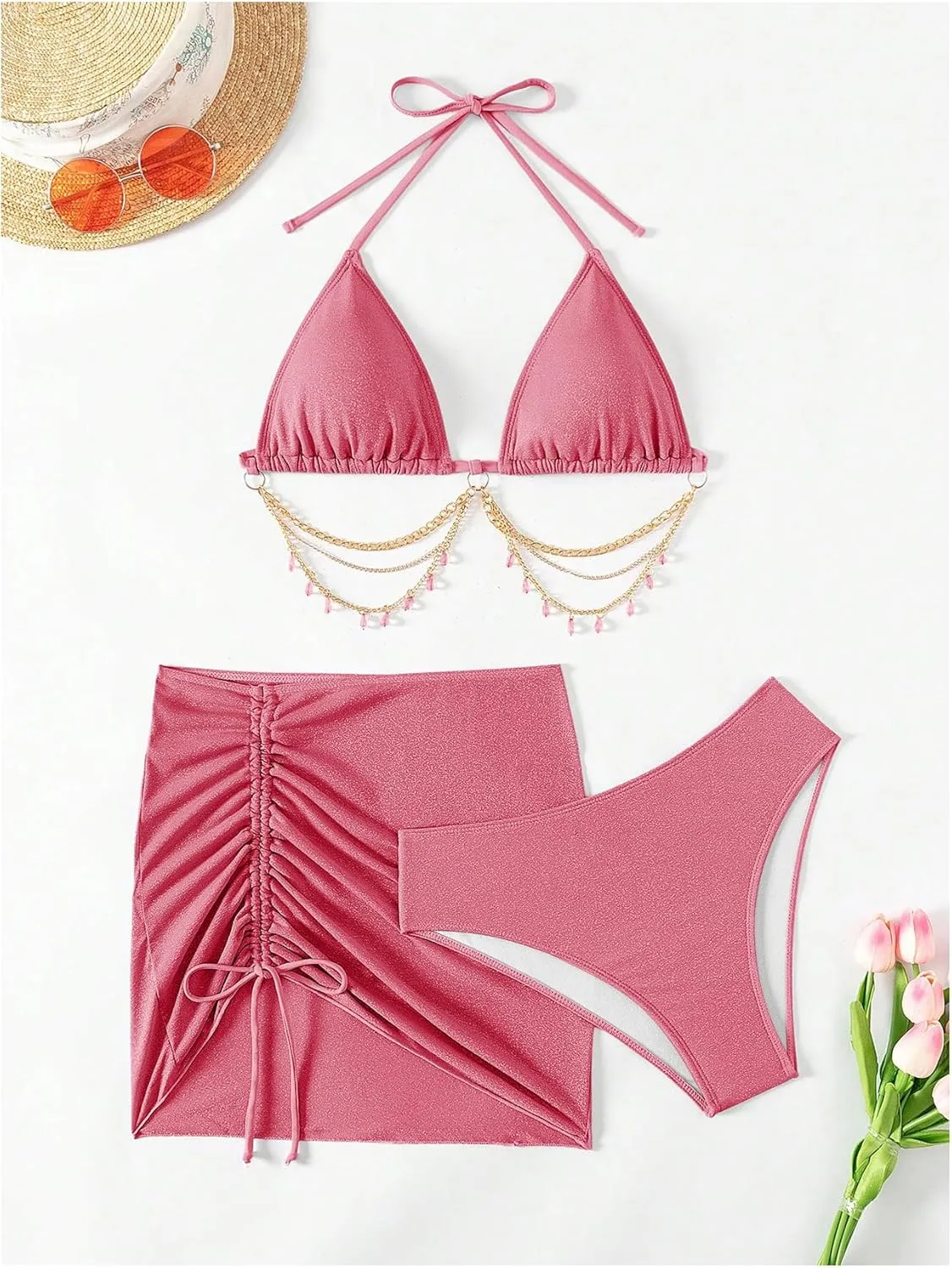 COZYEASE Women's 3 Piece Bikini Set Backless Halter Neck Triangle Chain Swimsuit Set with Beach Skirt