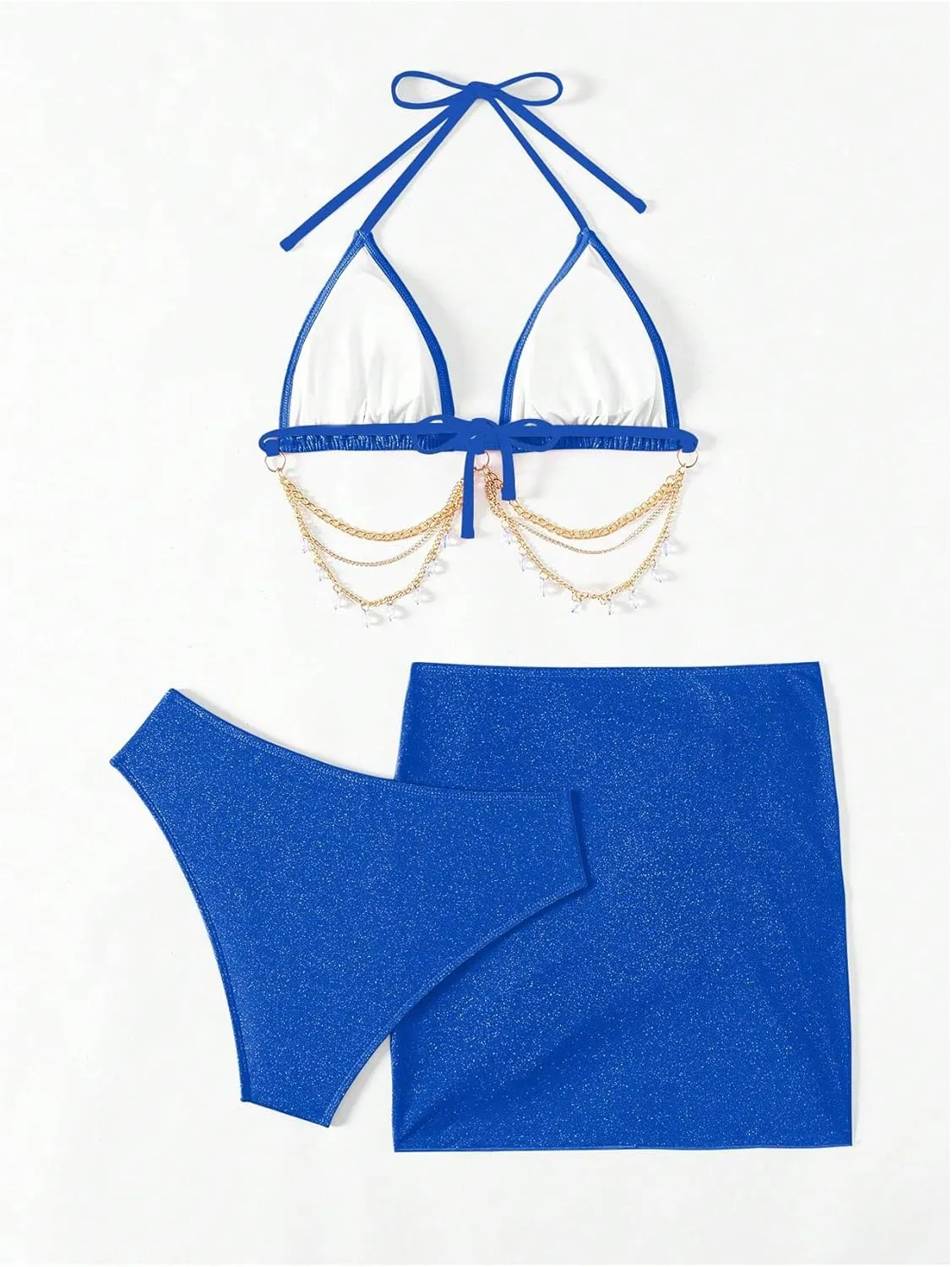 COZYEASE Women's 3 Piece Bikini Set Backless Halter Neck Triangle Chain Swimsuit Set with Beach Skirt
