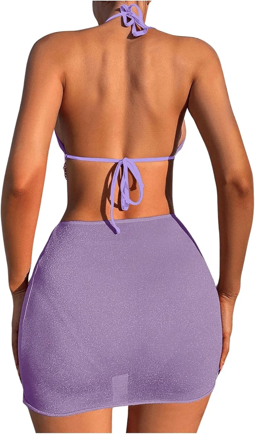 COZYEASE Women's 3 Piece Bikini Set Backless Halter Neck Triangle Chain Swimsuit Set with Beach Skirt
