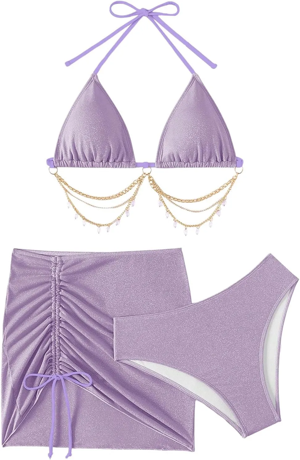 COZYEASE Women's 3 Piece Bikini Set Backless Halter Neck Triangle Chain Swimsuit Set with Beach Skirt