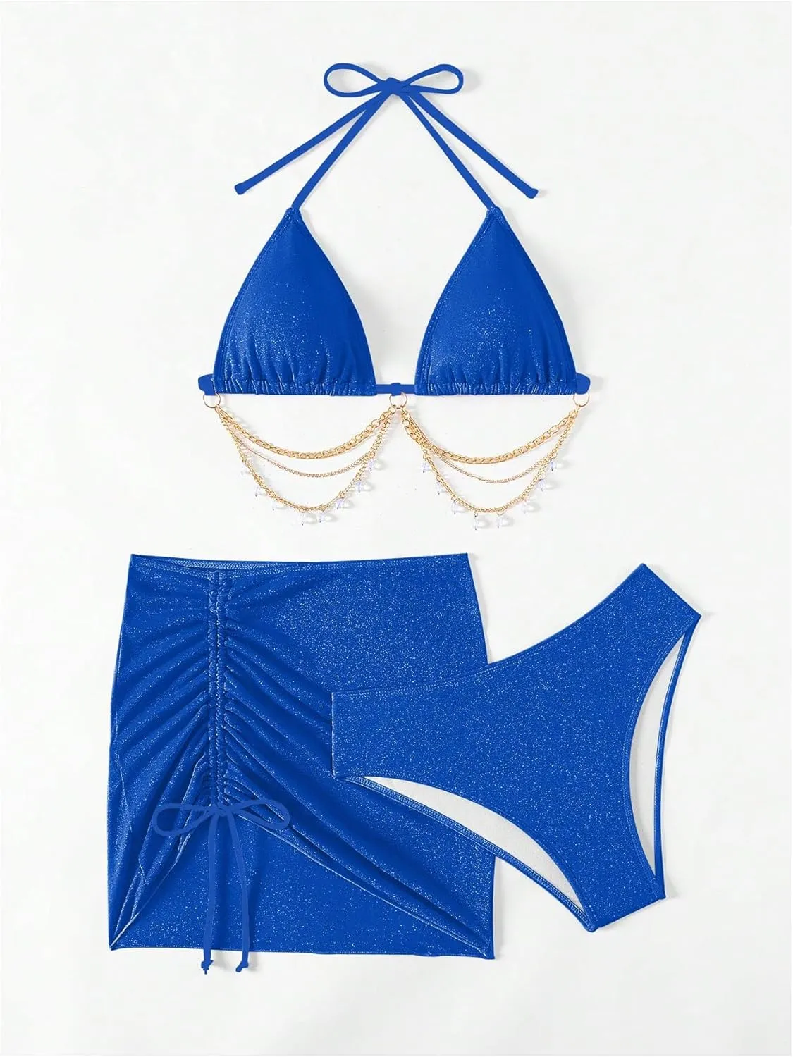 COZYEASE Women's 3 Piece Bikini Set Backless Halter Neck Triangle Chain Swimsuit Set with Beach Skirt