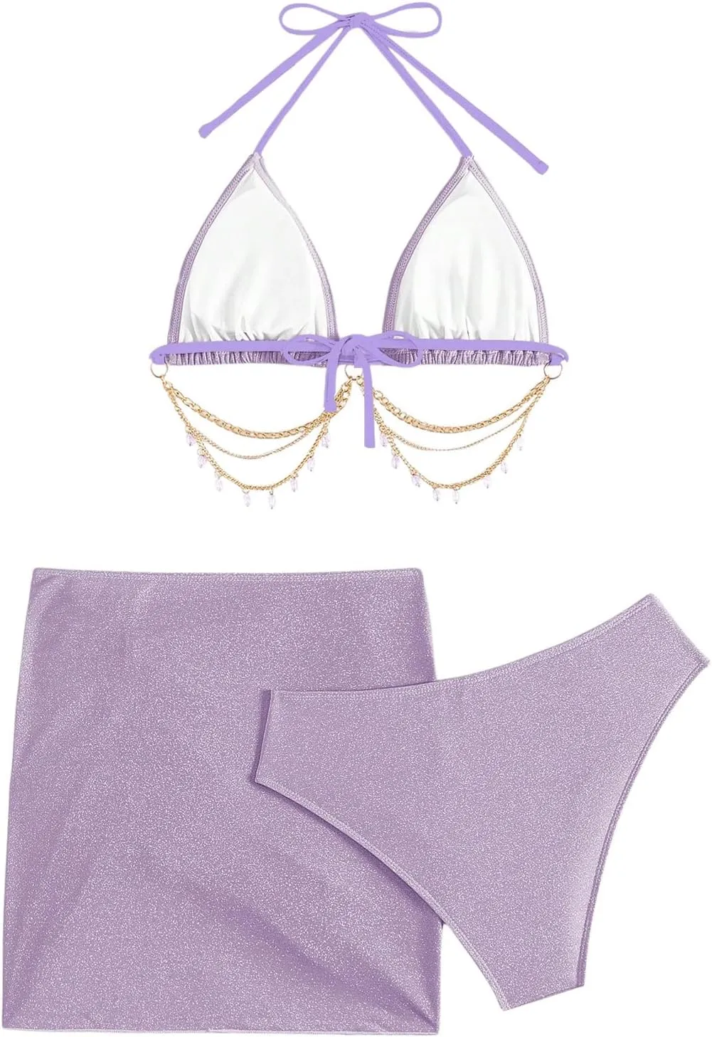 COZYEASE Women's 3 Piece Bikini Set Backless Halter Neck Triangle Chain Swimsuit Set with Beach Skirt