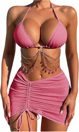 COZYEASE Women's 3 Piece Bikini Set Backless Halter Neck Triangle Chain Swimsuit Set with Beach Skirt