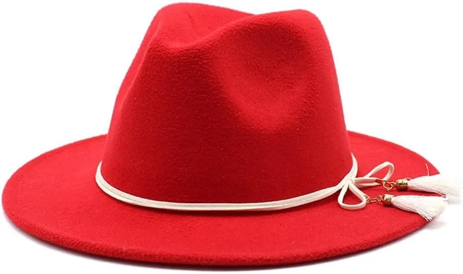 DHAEY 19 Colors National Style Woolen Hat with White Tassel British Felt Hat, Men's and Women's Jazz Flat Brim Hat Luopan Caps & Hats(Rust red)