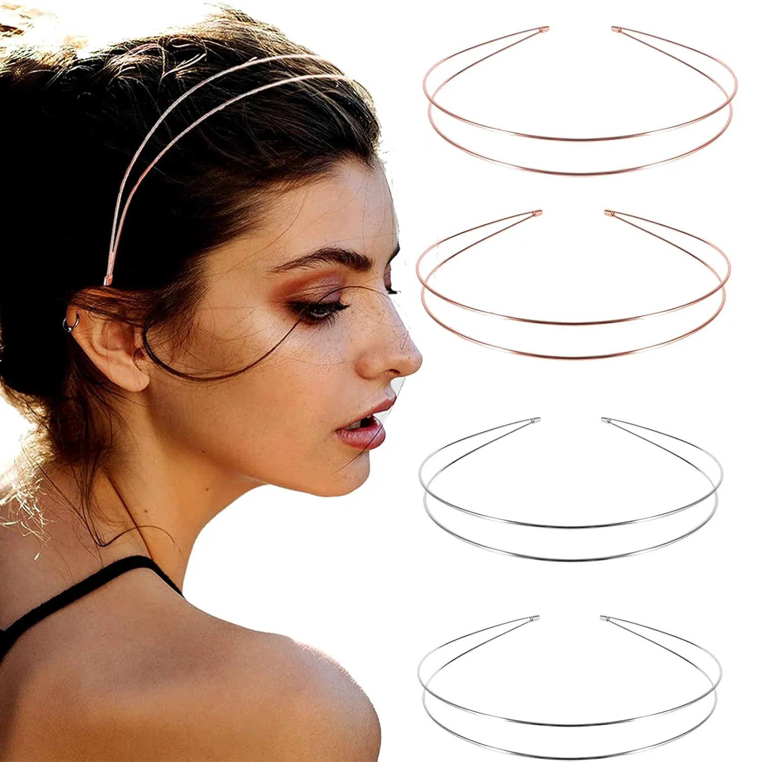 Elegant 4 Pack Gold Metal Thin Hairbands. Elastic Hair Bands for Teens & Women Ideal For Parties And Special Occasions (2 rose golden and 2 silver)