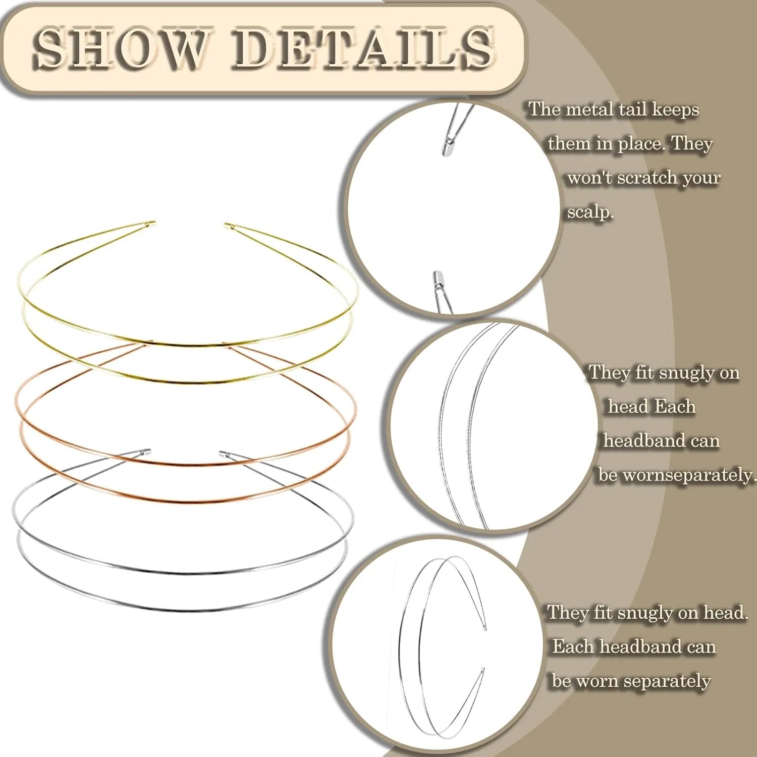 Elegant 4 Pack Gold Metal Thin Hairbands. Elastic Hair Bands for Teens & Women Ideal For Parties And Special Occasions (2 rose golden and 2 silver)