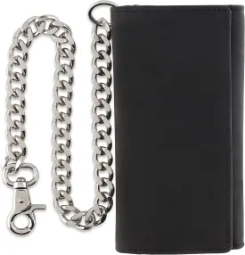 F&L CLASSIC RFID Blocking Mens Tri-fold Long Style Cowhide Leather Steel Chain Wallet,buffalo premium black leather,212-60