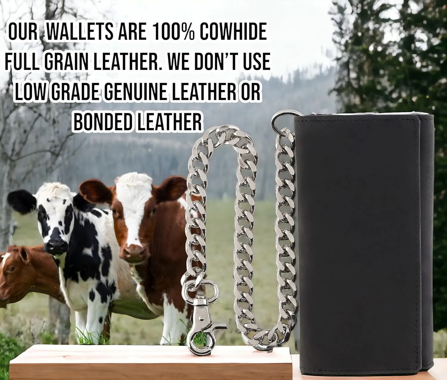 F&L CLASSIC RFID Blocking Mens Tri-fold Long Style Cowhide Leather Steel Chain Wallet,buffalo premium black leather,212-60