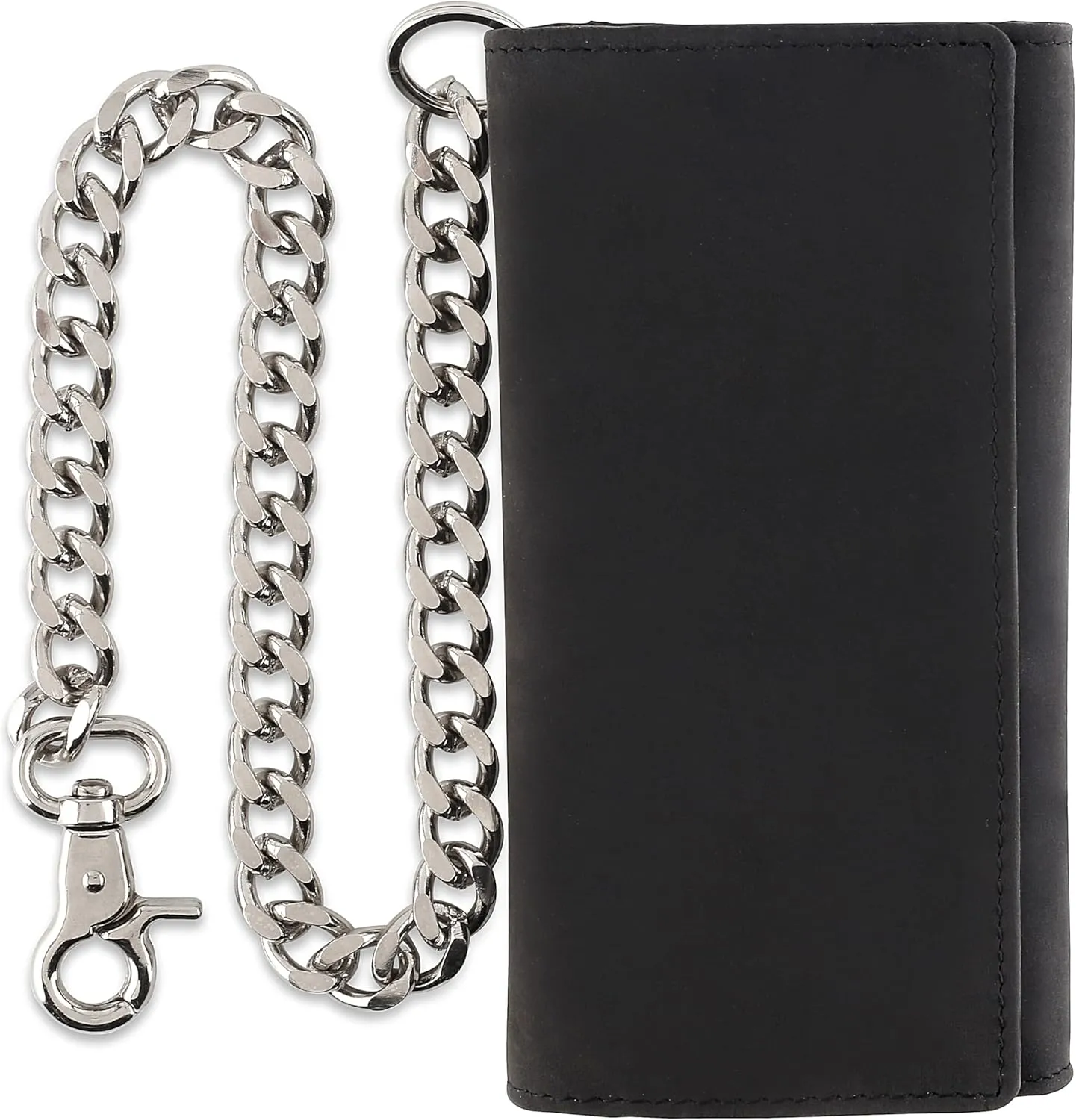 F&L CLASSIC RFID Blocking Mens Tri-fold Long Style Cowhide Leather Steel Chain Wallet,buffalo premium black leather,212-60