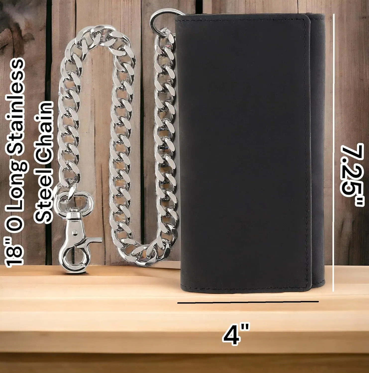 F&L CLASSIC RFID Blocking Mens Tri-fold Long Style Cowhide Leather Steel Chain Wallet,buffalo premium black leather,212-60