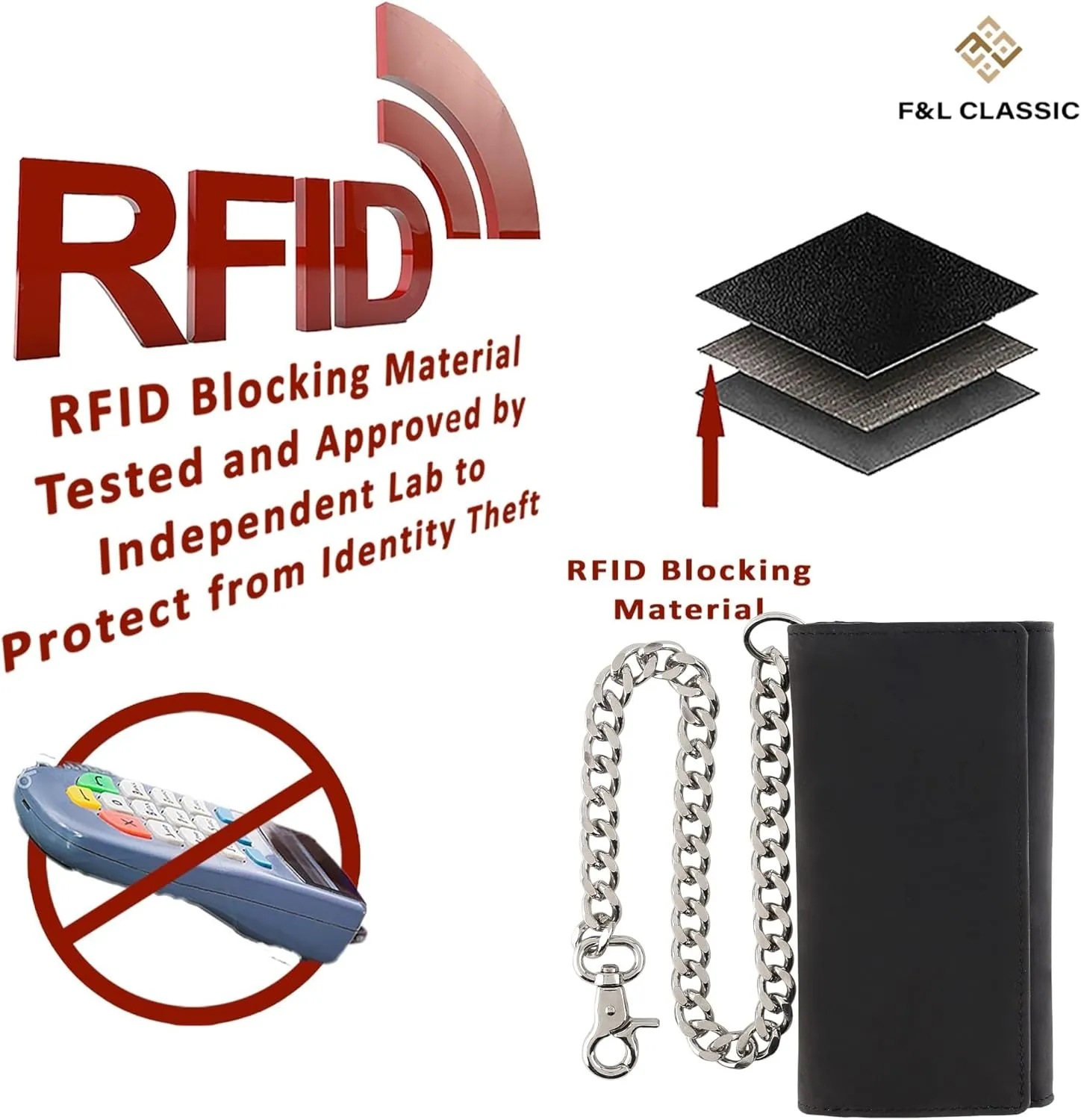F&L CLASSIC RFID Blocking Mens Tri-fold Long Style Cowhide Leather Steel Chain Wallet,buffalo premium black leather,212-60