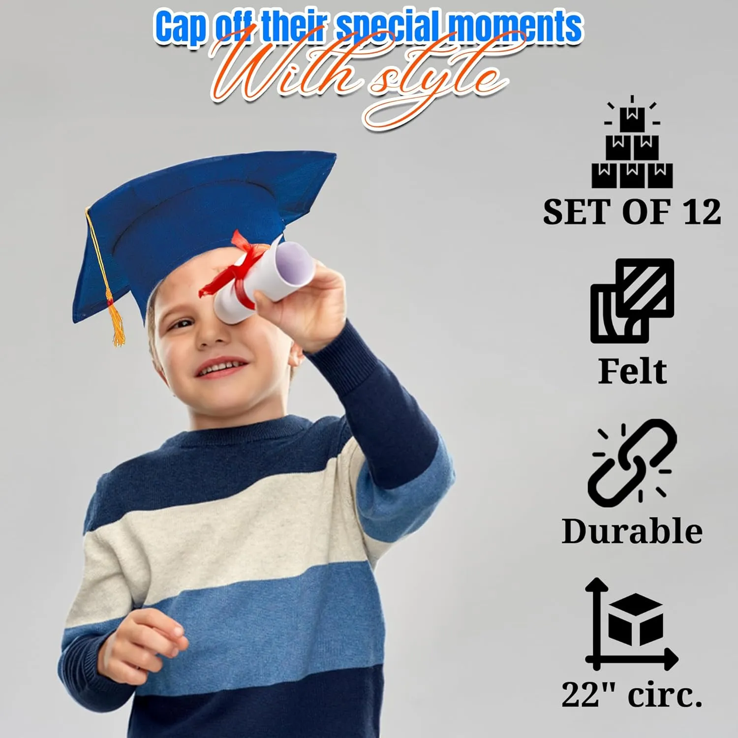 Fun Express Bulk 12 Pieces Kid's Felt Elementary, Kindergarten, Pre-School Graduation Mortarboard Caps, Felt