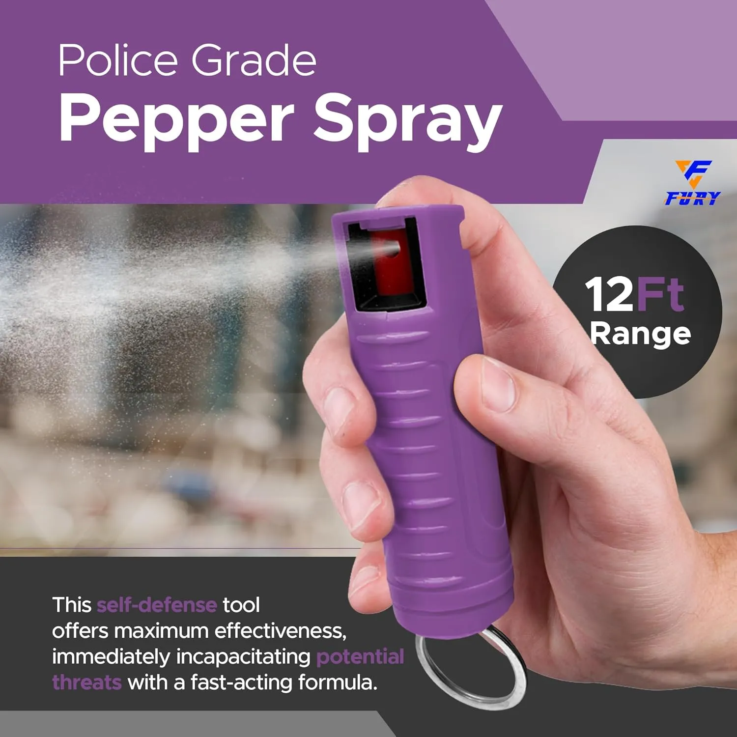FURY Hardshell Pepper Spray - 12Ft Range, Max Strength, UV Dye Identifier, Anti-Leak & Anti-Misfire, Slidetop Trigger, Belt Clip & Key Ring, Multiple Color Options, Self-Defense Spray