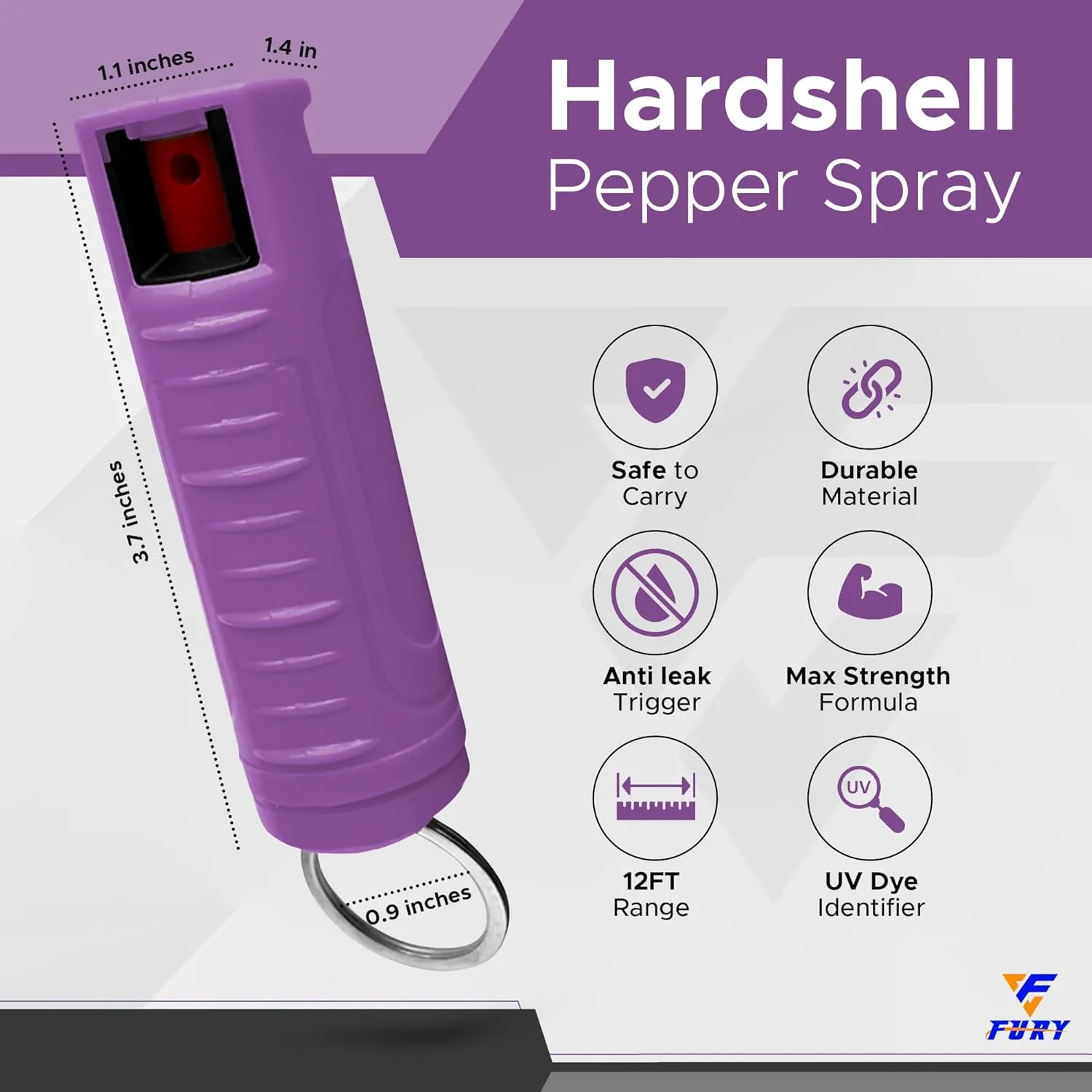 FURY Hardshell Pepper Spray - 12Ft Range, Max Strength, UV Dye Identifier, Anti-Leak & Anti-Misfire, Slidetop Trigger, Belt Clip & Key Ring, Multiple Color Options, Self-Defense Spray