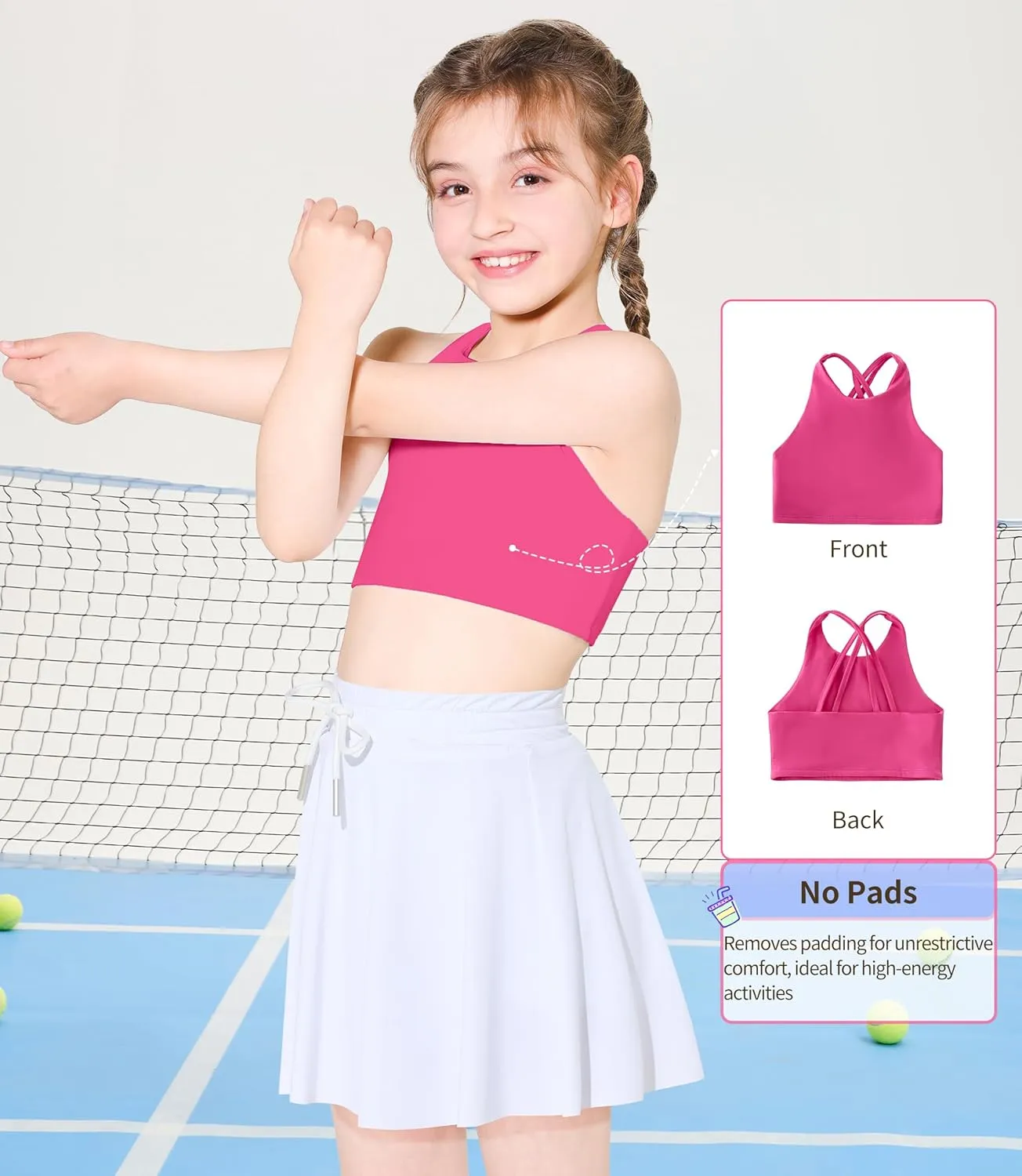 Girls Training Bra Scoop Neck Sports Bra for Teens Kids Strappy Back Dance Yoga Crop Tops