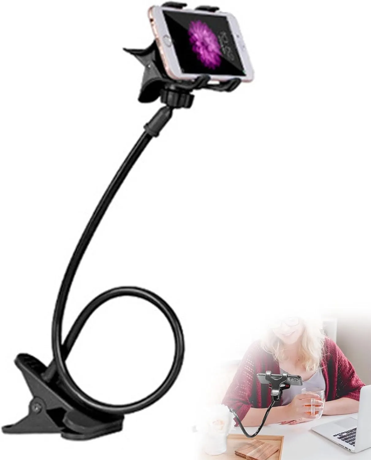 Gooseneck Phone Holder Universal Cell Phone Clip 360 Adjustable Bed Stand Holder with Non Slip Clip for All Phone,Flexible Long Lazy Arm Holder for Bed Desk Headboard Table (Black)