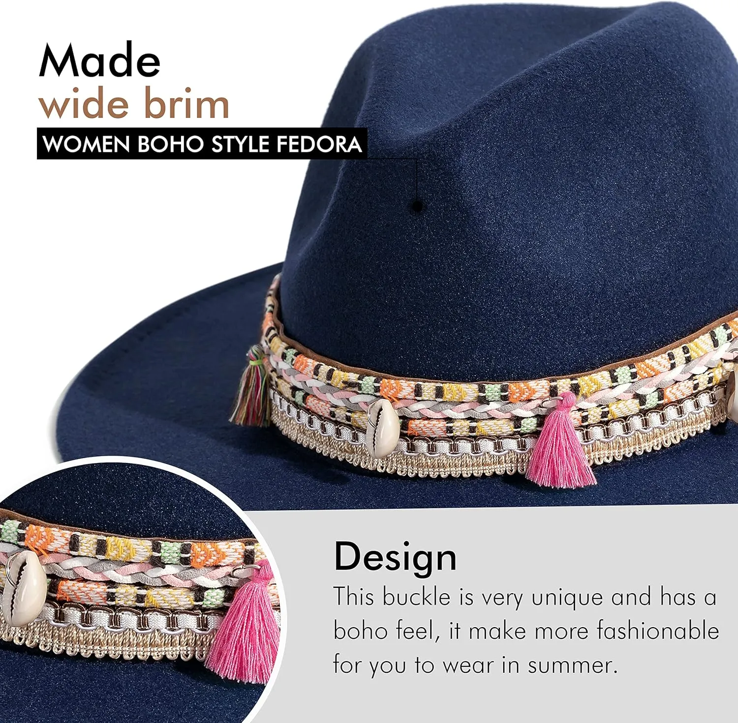 Gossifan Women's Felt Fedora Hat Wide Brim Panama Hats with Tassel