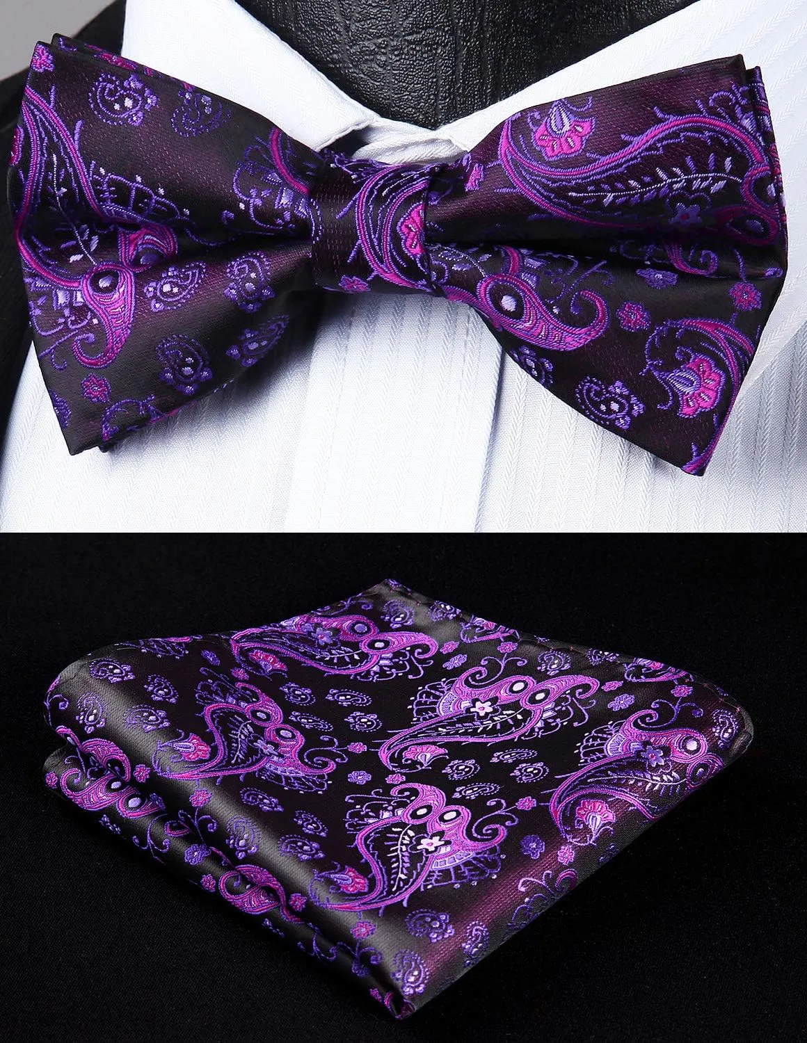 HISDERN Bow Ties for Men Pre-tied Paisley Bow Ties Pocket Square Set Men's Bowtie Wedding Party