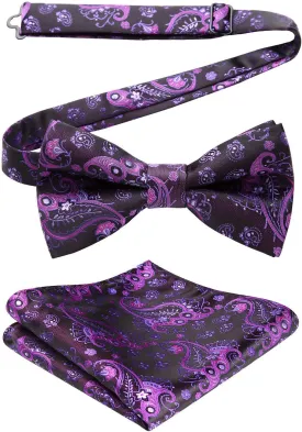 HISDERN Bow Ties for Men Pre-tied Paisley Bow Ties Pocket Square Set Men's Bowtie Wedding Party