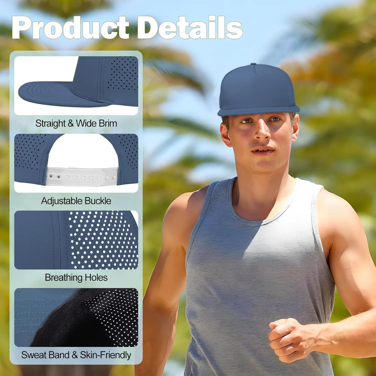 LiuSuper M/L/XL/XXL Flat Brim 5 Panel Hats for Men Performance Mens Snapback Hats Quick Dry Laser Perforated Baseball Cap