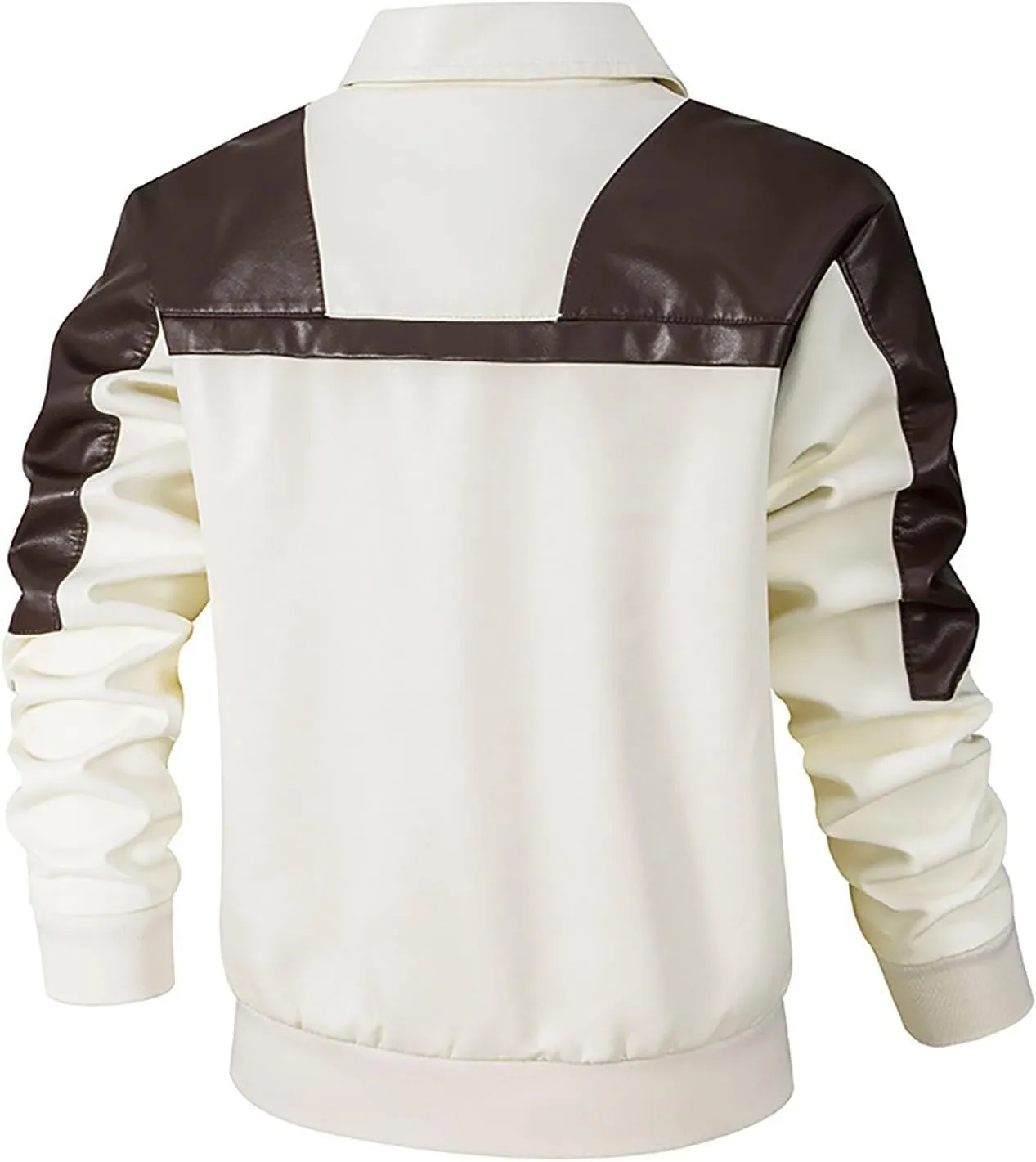 Mens Leather Jacket Color Block Moto Jacket Windproof Zip up Jacket Faux Leather Winter Coat with Pockets