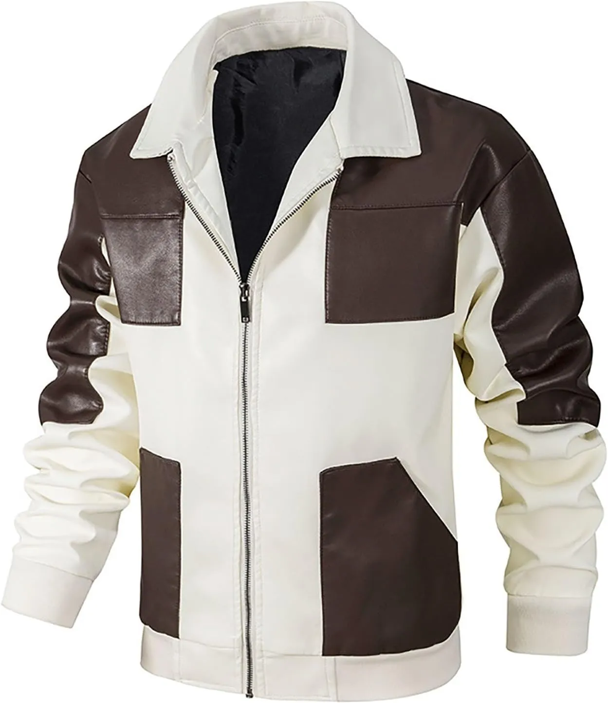 Mens Leather Jacket Color Block Moto Jacket Windproof Zip up Jacket Faux Leather Winter Coat with Pockets