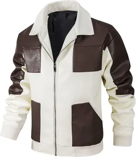 Mens Leather Jacket Color Block Moto Jacket Windproof Zip up Jacket Faux Leather Winter Coat with Pockets