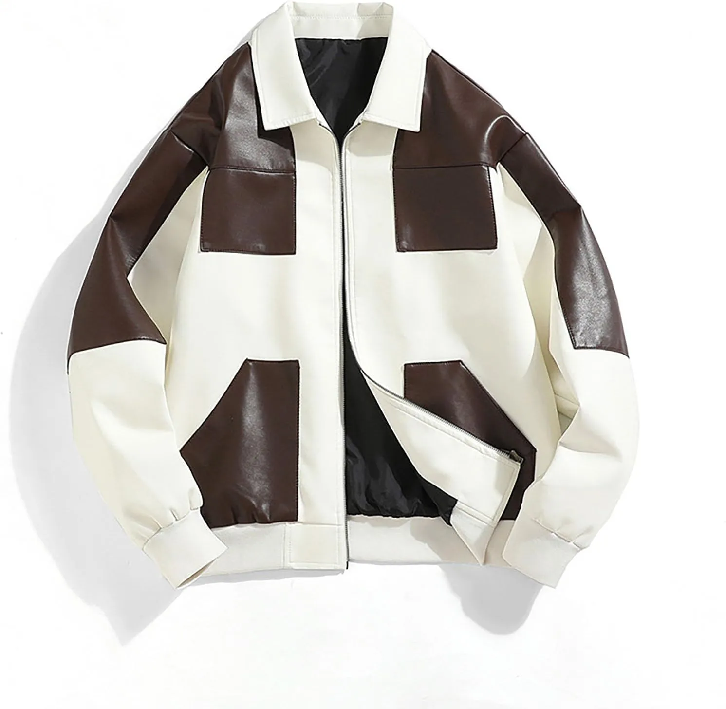 Mens Leather Jacket Color Block Moto Jacket Windproof Zip up Jacket Faux Leather Winter Coat with Pockets