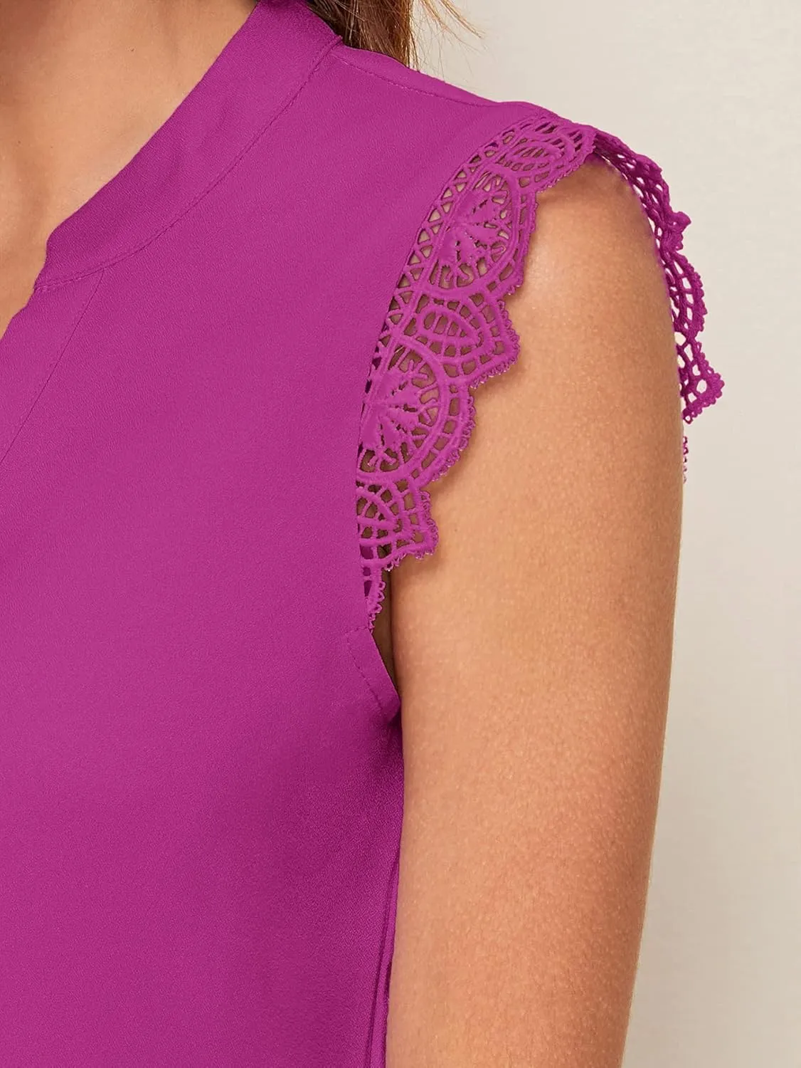 Milumia Women's Elegant Notch V Neck Sleeveless Blouse Guipure Lace Work Office Top