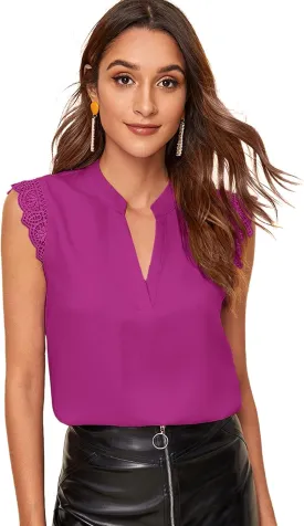 Milumia Women's Elegant Notch V Neck Sleeveless Blouse Guipure Lace Work Office Top