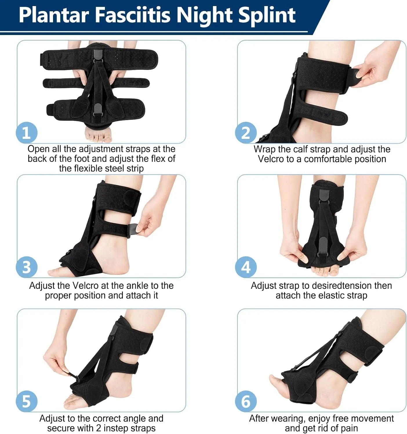 Plantar Fasciitis Night Splint, Plantar Fasciitis Relief Brace, 3 Adjustable Straps Relief Brace for Foot Drop, Achilles Tendonitis & Heel Pain - Day & Night Support (Black)