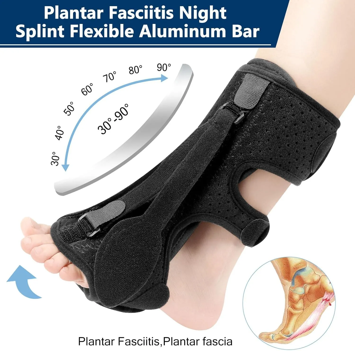 Plantar Fasciitis Night Splint, Plantar Fasciitis Relief Brace, 3 Adjustable Straps Relief Brace for Foot Drop, Achilles Tendonitis & Heel Pain - Day & Night Support (Black)