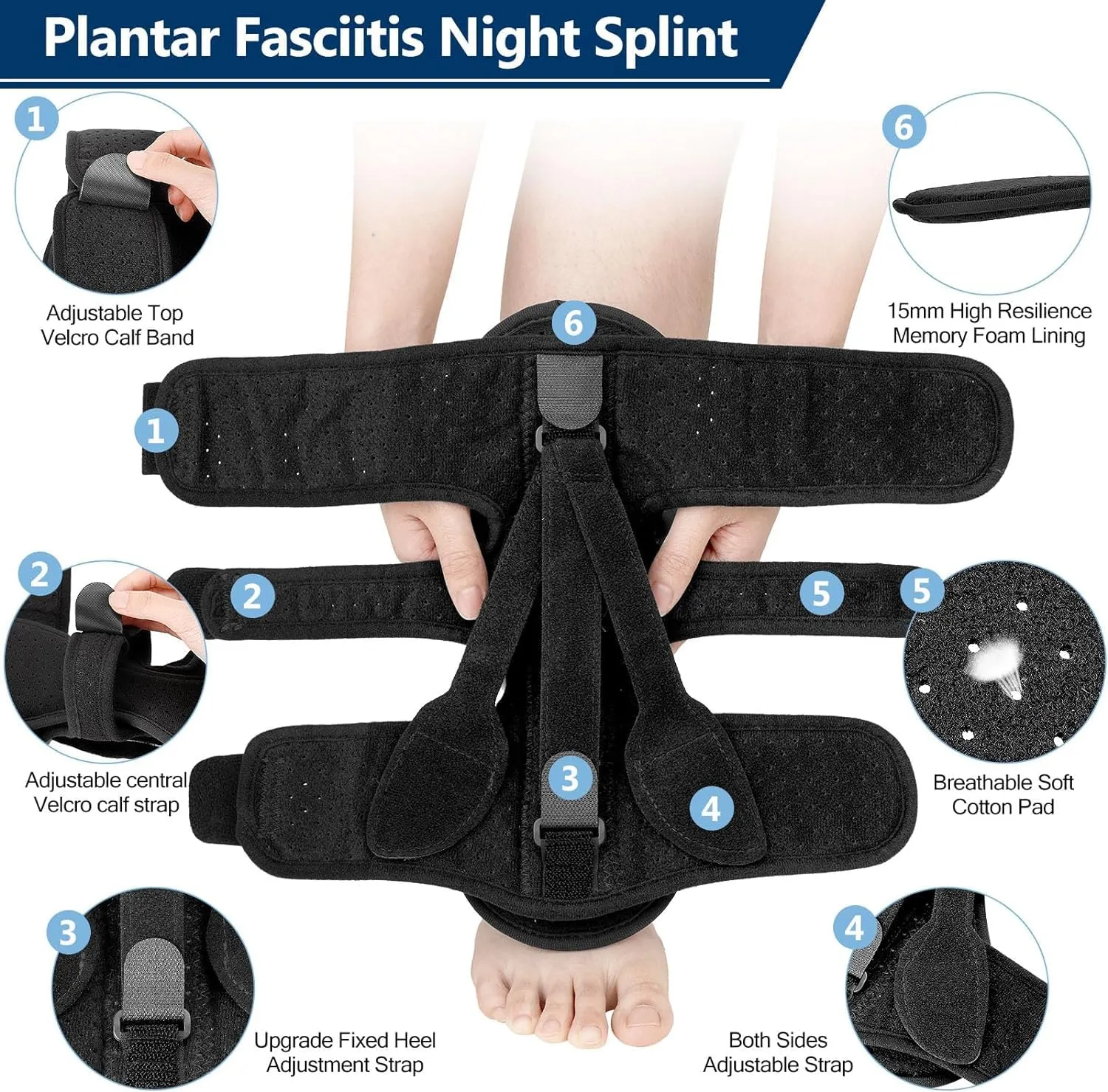 Plantar Fasciitis Night Splint, Plantar Fasciitis Relief Brace, 3 Adjustable Straps Relief Brace for Foot Drop, Achilles Tendonitis & Heel Pain - Day & Night Support (Black)