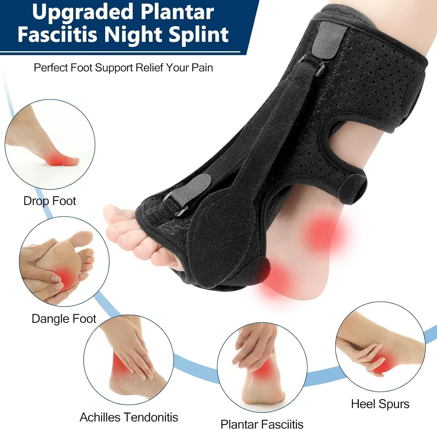 Plantar Fasciitis Night Splint, Plantar Fasciitis Relief Brace, 3 Adjustable Straps Relief Brace for Foot Drop, Achilles Tendonitis & Heel Pain - Day & Night Support (Black)