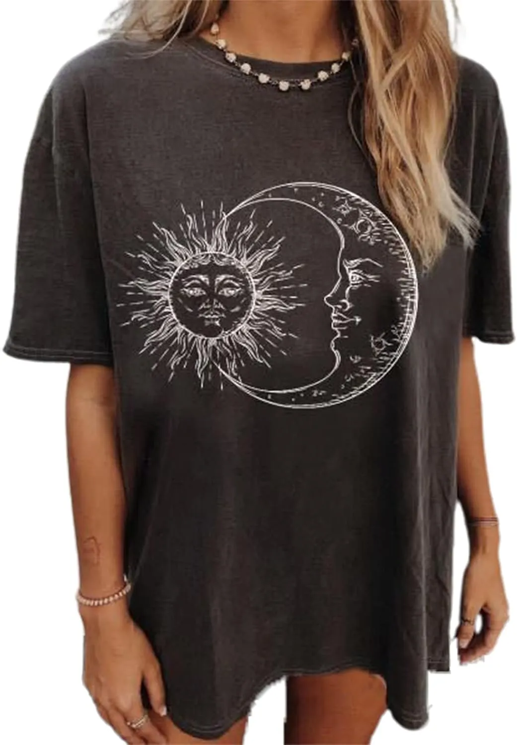 Remidoo Women's Casual Oversized T Shirt Short Sleeve Graphic Tee Letter Sun Moon Shirts