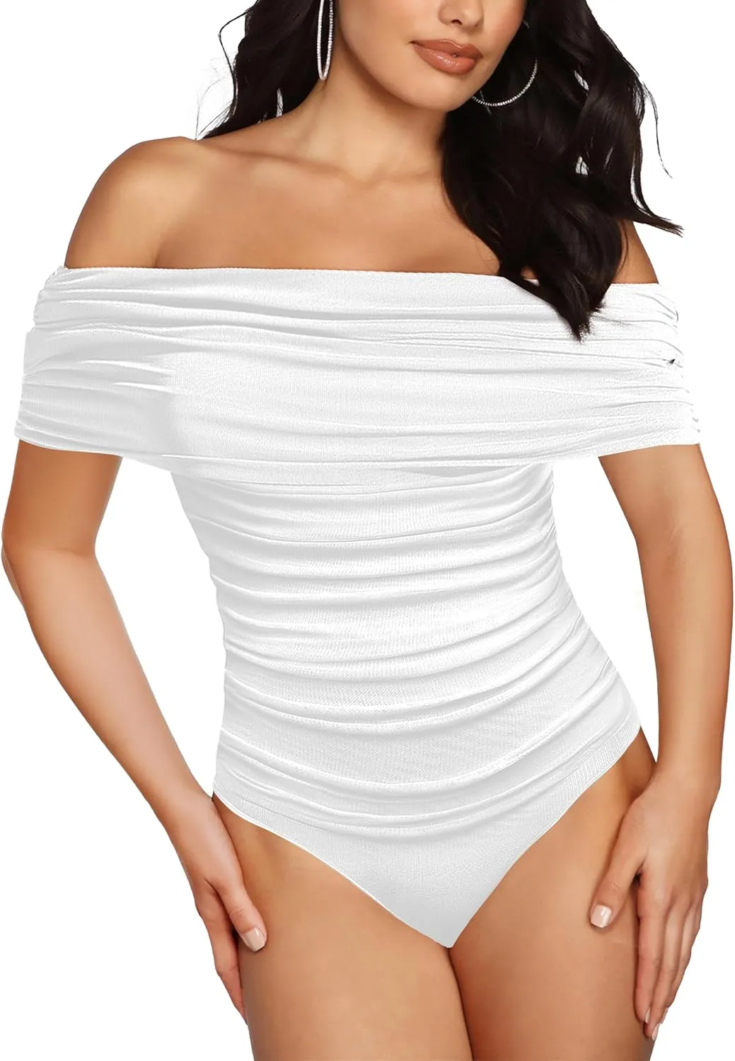 SAUNGKUAI Women's Sexy Off Shoulder Mesh Sleeveless Bodysuit Double Lined Tshirt Leotard Thong Body Suits Outfits