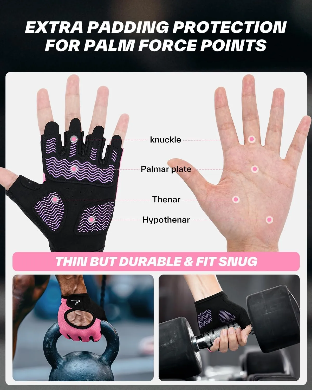 Sportneer Workout Gloves for Men & Women, Full Palm Protection Breathable Exercise Gloves w/Curved Open Back, Lightweight Fitness Gloves for Pull Up, Dumbbells, Cycling, Rowing