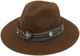 Straw Sunhat Womens Panama Hat Wide Brim Fedora Hat Summer Beach Sun Cap with Bohemia Tassel Band