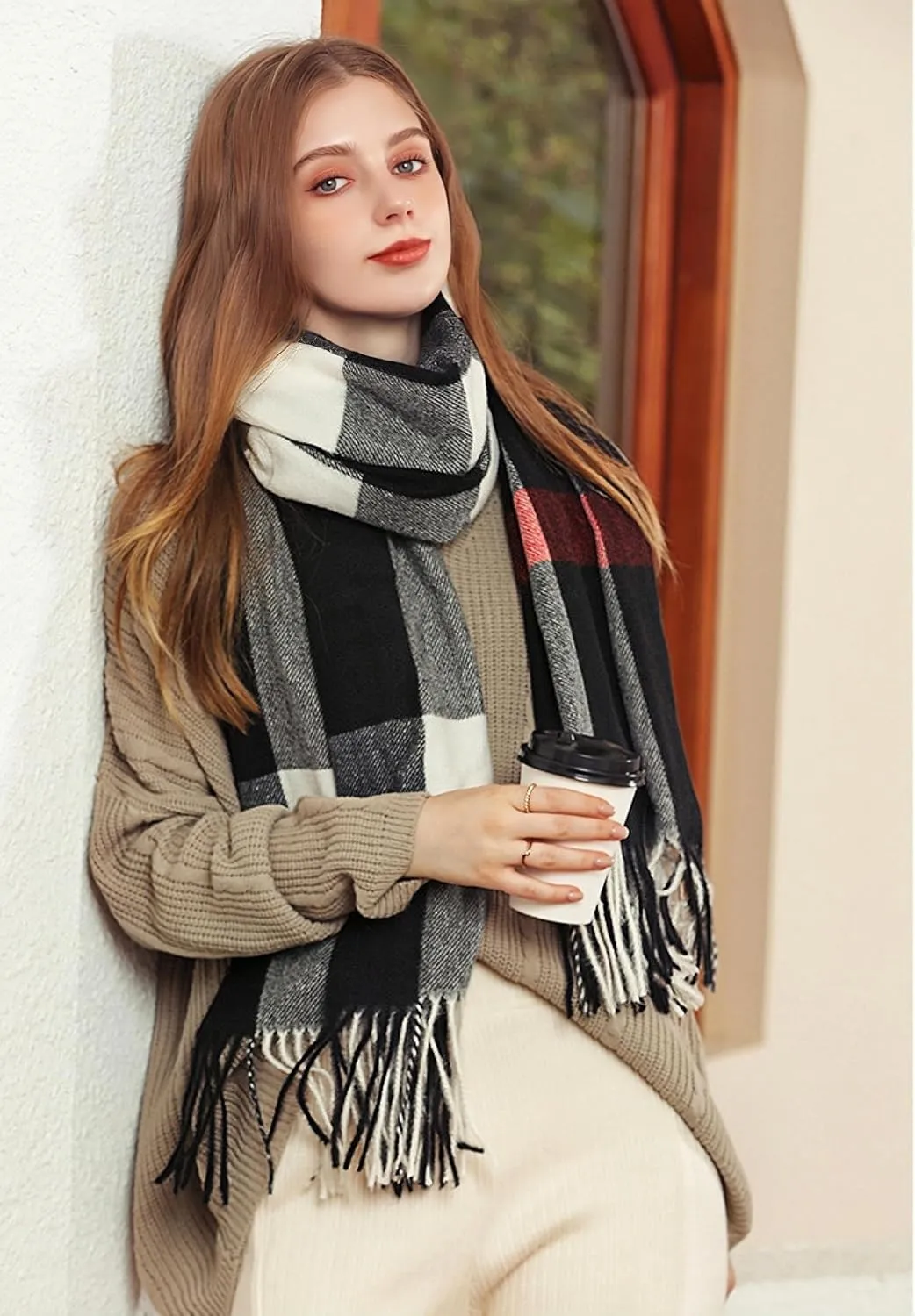 Wander Agio Women's Fashion Scarves Long Cashmere Like Shawl Winter Warm Knit Large Tassel Plaid Scarf