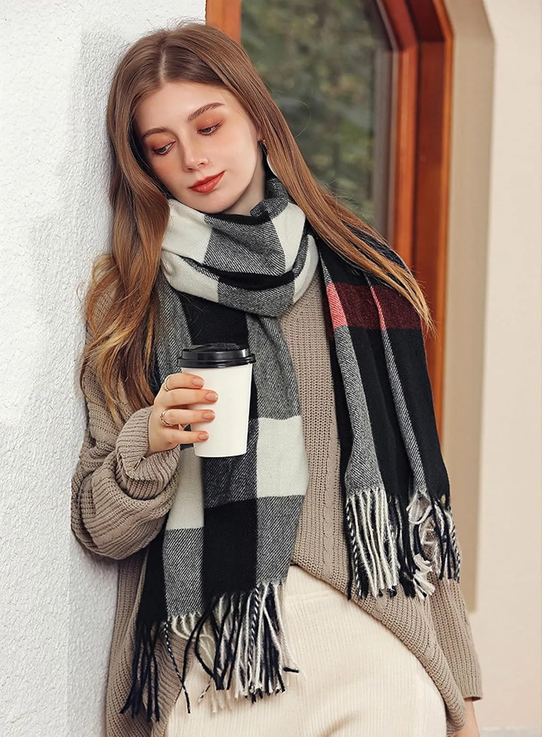 Wander Agio Women's Fashion Scarves Long Cashmere Like Shawl Winter Warm Knit Large Tassel Plaid Scarf