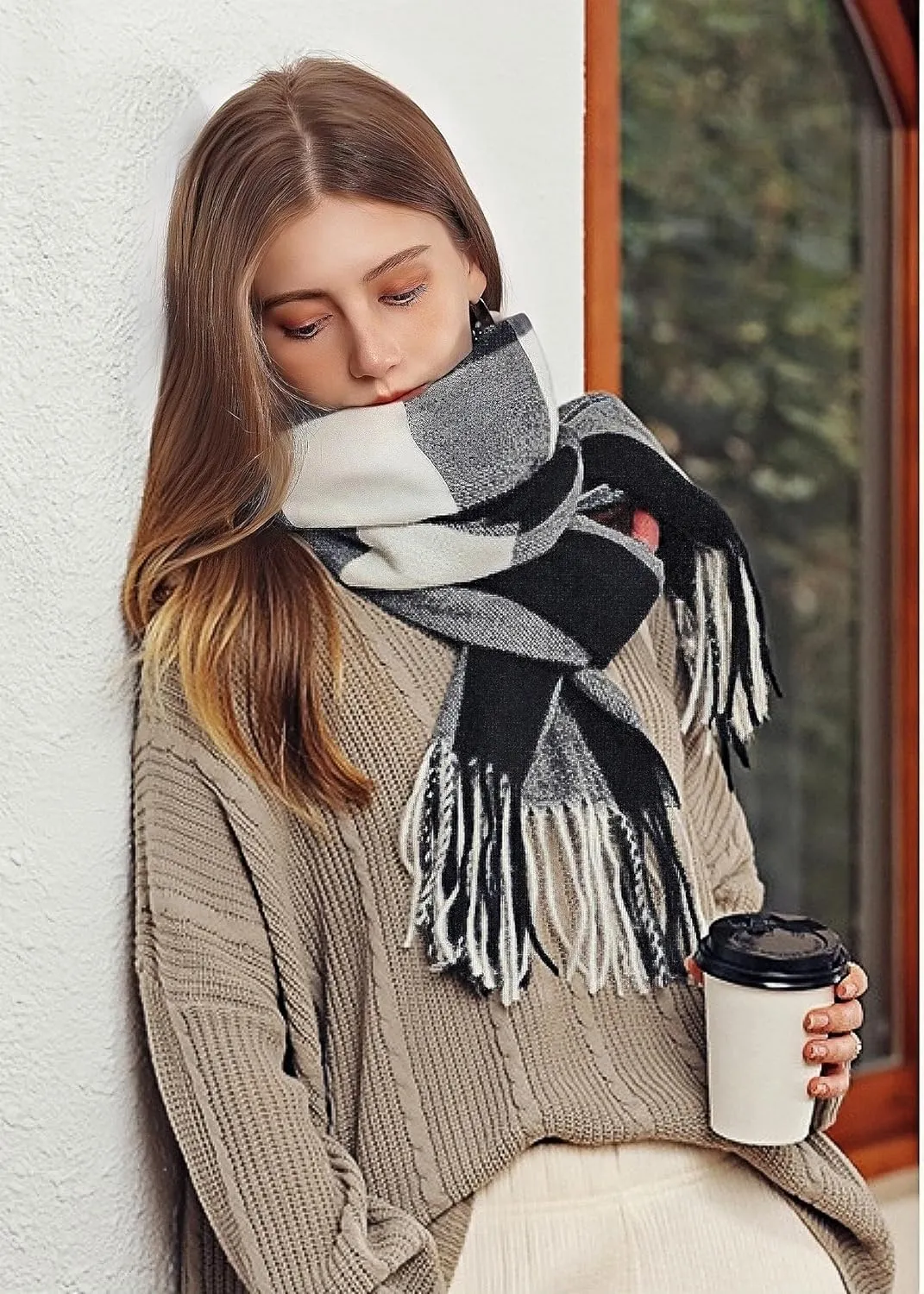 Wander Agio Women's Fashion Scarves Long Cashmere Like Shawl Winter Warm Knit Large Tassel Plaid Scarf