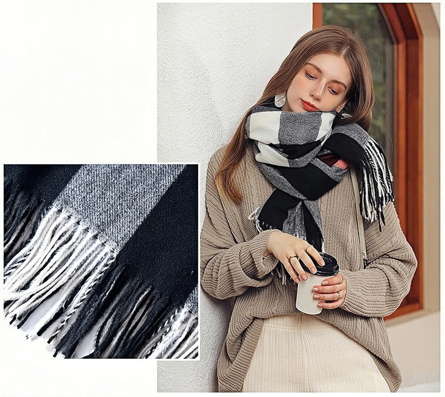 Wander Agio Women's Fashion Scarves Long Cashmere Like Shawl Winter Warm Knit Large Tassel Plaid Scarf
