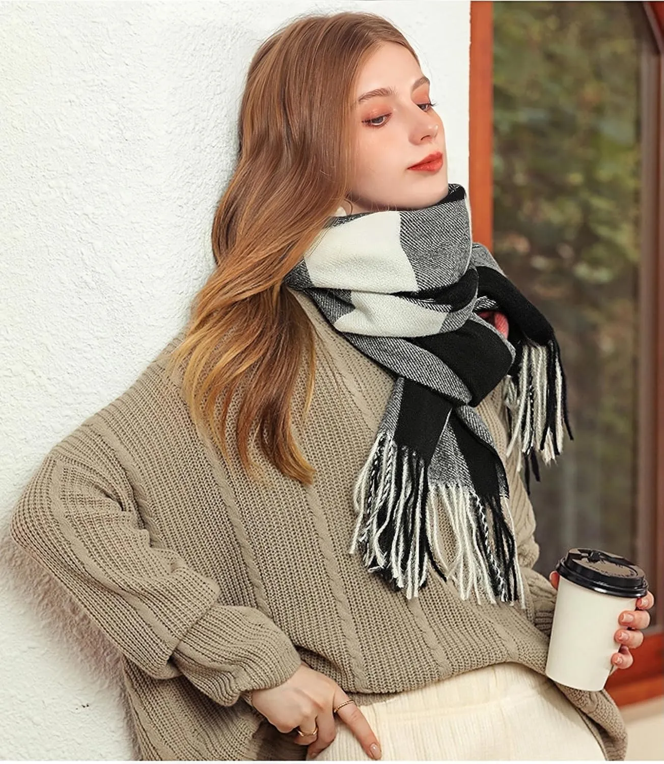 Wander Agio Women's Fashion Scarves Long Cashmere Like Shawl Winter Warm Knit Large Tassel Plaid Scarf