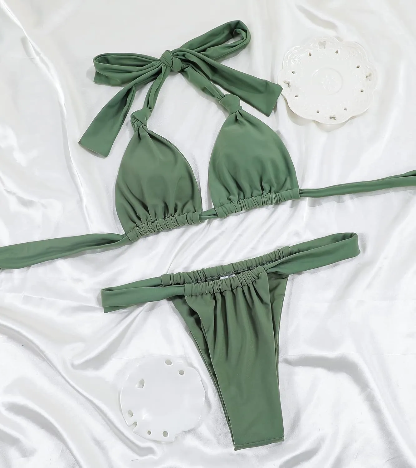 Women Thong Bikini Set Cheeky Halter Triangle String Two Piece Swimsuits Sexy Ruched Brazilian Bathing Suit