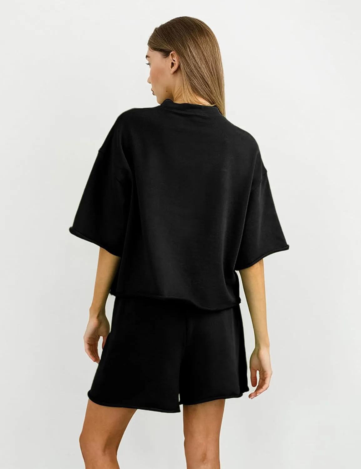 Women's 2 Piece Outfits Lounge Sets Crew Neck Short Sleeve Pullover Tops High Waisted Shorts Tracksuits
