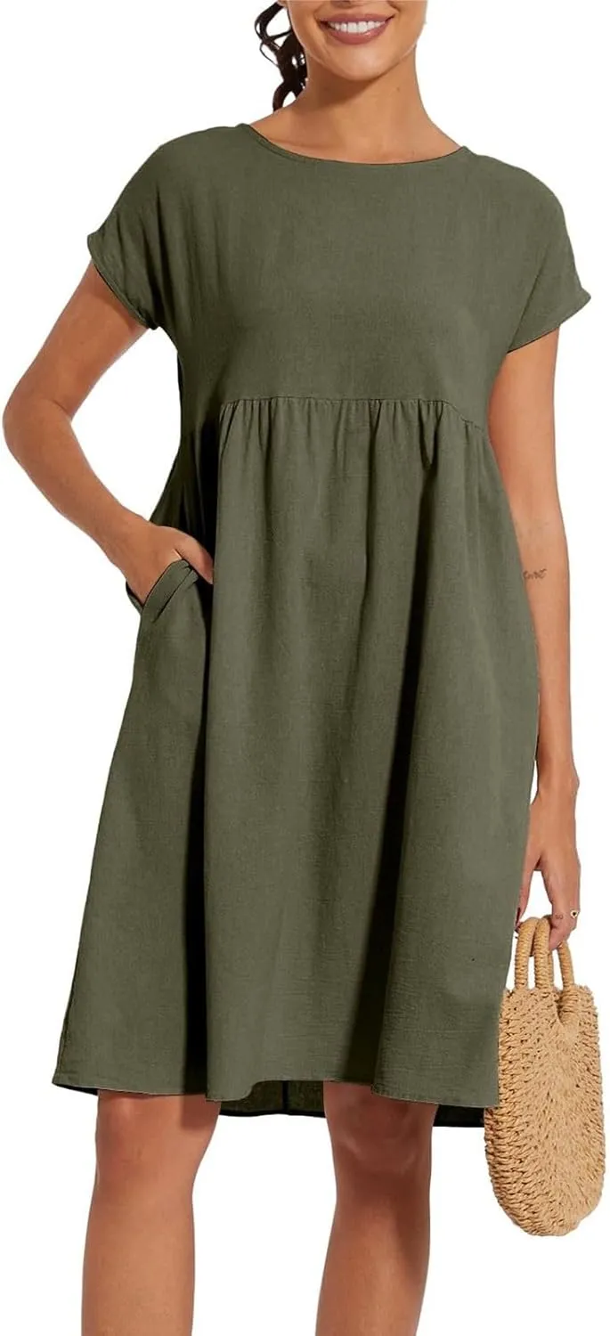 Women's Summer Dresses 2025 Beach Casual Deep V Neck Loose Short Sleeve Mini Sundress with Pockets